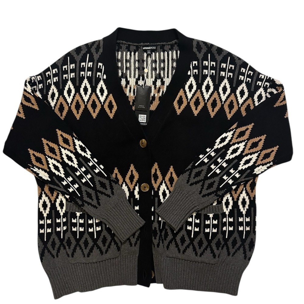 NWT💕 MINNIE ROSE Cotton Cashmere Fair Isle Cardigan - Black/Multi  XS/S